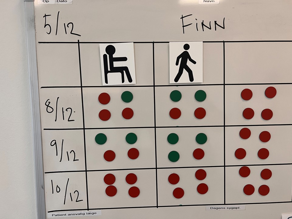 På magnettavlen kan patienten vende brikker i takt med at de får udført de små selvvalgte opgaver. 