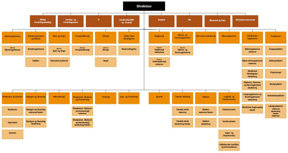 Organisationsdiagram som viser sygehusets 30 afdelinger.