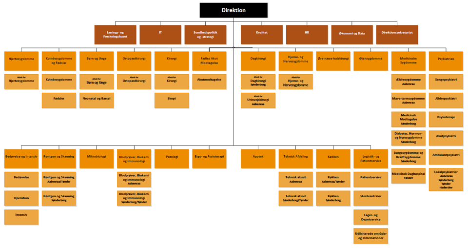 Organisationsdiagram som viser sygehusets 30 afdelinger.