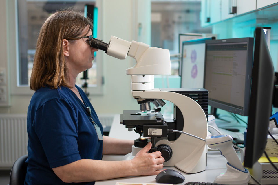 Trin 9: Lægerne ser prøverne digitalt, dikterer svaret ved brug af talegenkendelse og sender prøvesvaret afsted.