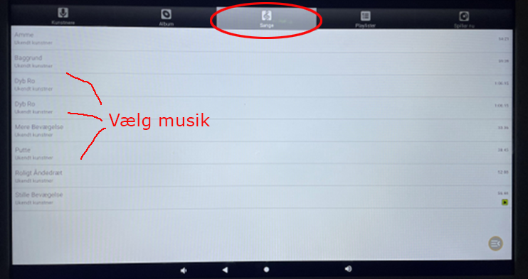 Vælg fanen sange. Her kan der vælges mellem syv forskellige musikstykker.