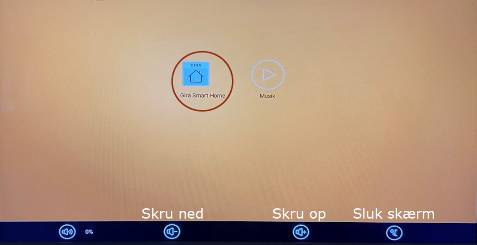 Vælg Gira Smart Home midt på skærmen og få adgang til forskellige former for lys. Skru op og ned eller sluk skærmen med knapperne nederst på skærmen.