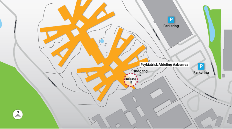 Oversigtskort til Psykiatrisk Afdeling Aabenraa Kresten Philipsensvej