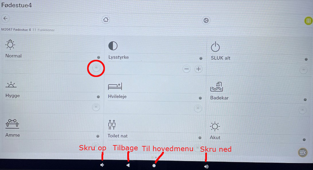 På skærmen kan du vælge mellem flere lysscenarier. Tryk på den lille cirkel ud for det scenarie, du ønsker.