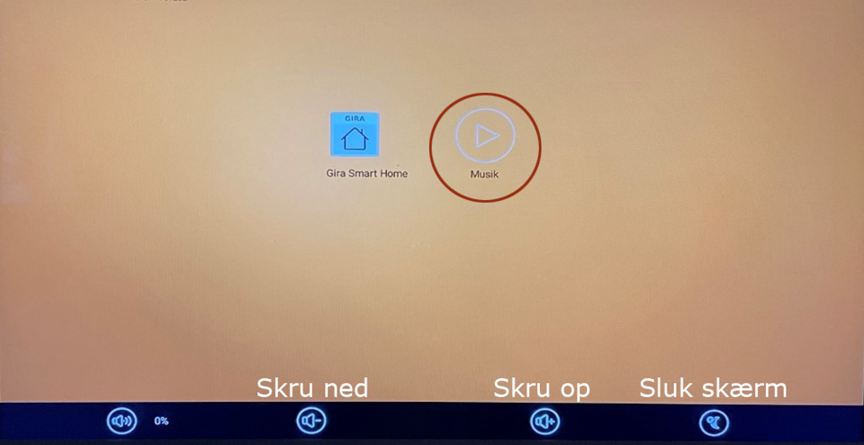 Vælg Musik midt på skærmen og få adgang til forskellige lydfiler. Skru op og ned eller sluk skærmen med knapperne nederst på skærmen.